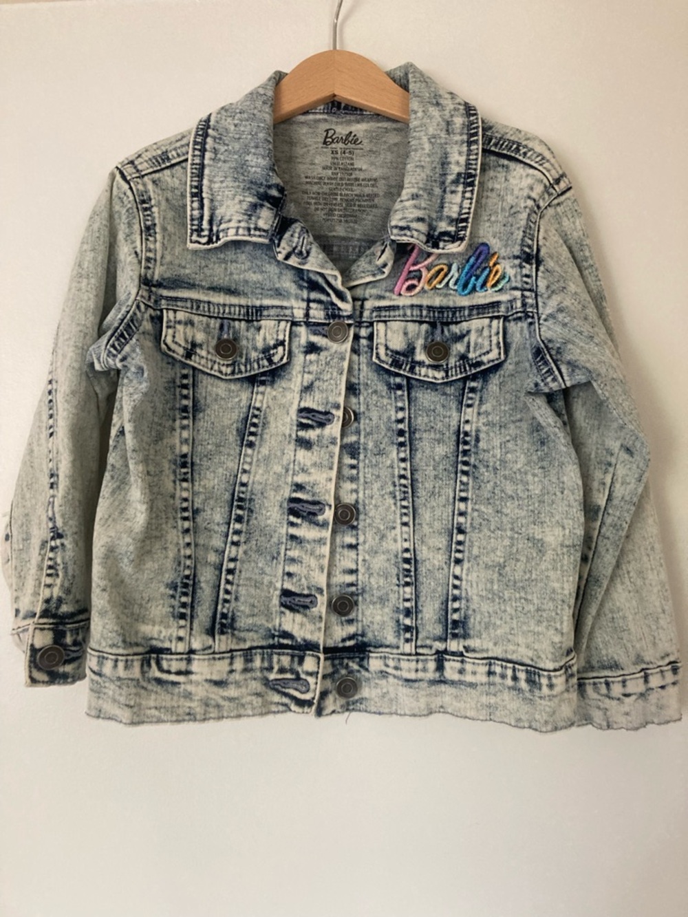 Barbie Acid Wash Denim Jacket with Rainbow Logo - Light Blue